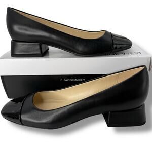 Nine West Black Leather Cap-Toe Low Block Heel Flats